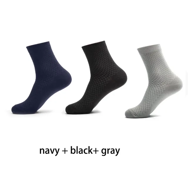 3Pairs/lot Bamboo Fiber Long Socks Men Fashion Crew Socks Plaid Business Socks Man Solid Color Autumn Calcetines hombre black  navy  gray