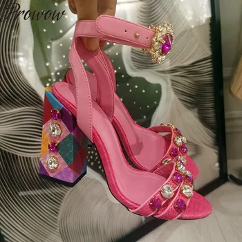 

Hot New Chick Design Jewel Crystal Emblishment Summer Sandals Open Toe Diamond Ankle Strap Block Heel Sandals Shoes Ladies