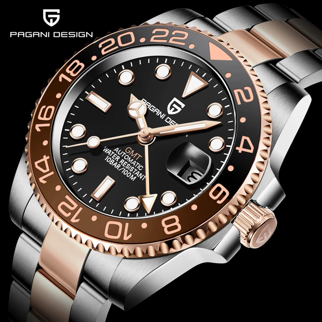 PAGANI DESIGN New Rose Gold Ceramic Bezel GMT Watch Luxury Sapphire Glass Automatic Watch Stainless Steel Men's Mechanical Watch 1