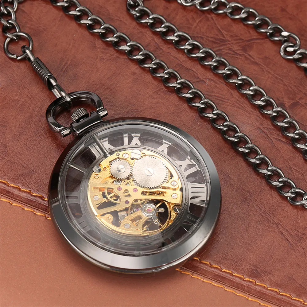 Transparent Glass Roman Numerals Skeleton Mechanical Pocket Watch Retro Black Manual Mechanism Pendant Pocket Timepiece Male