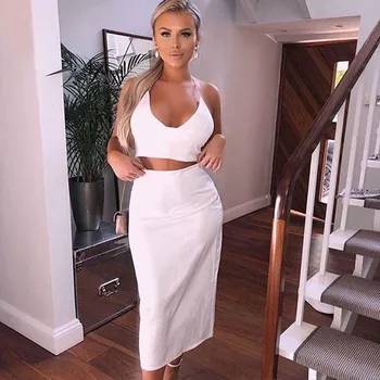 

Sexy Low Cut Two Piece Skirt Set Matching Sets Club Outfits Crop Top Women Two Piece Outfits Bodycon Skirt 2 Pcs Elegant Suit