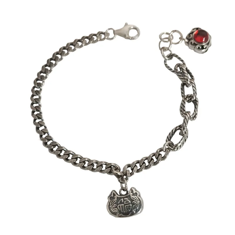 

S925 Sterling Silver Charm Bracelets 2021 Popular FU Letter Garnet Simple O-Chain Pure Argentum Fashion Hand Ornaments for Women