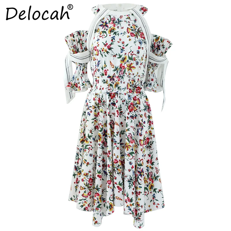 Delocah, новое модное осеннее платье для подиума, женское платье с бретелькой на шее, с оборками, Цветочный эластичный пояс с принтом, элегантные винтажные миди платья