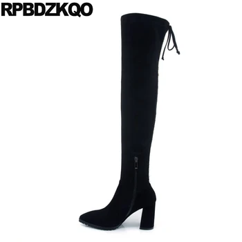 

Chunky 2019 Embellished Crotch High Heel Pearl Lace Up Brand Long Tall Shoes Thigh Suede Slim Women Boots Over The Knee Black