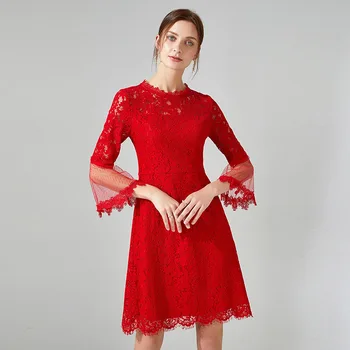 

2020 summer dress bridemaid lace red dress flare sleeves slim fit party dress elegant beautiful one-piece dress plus size 5XL4xl