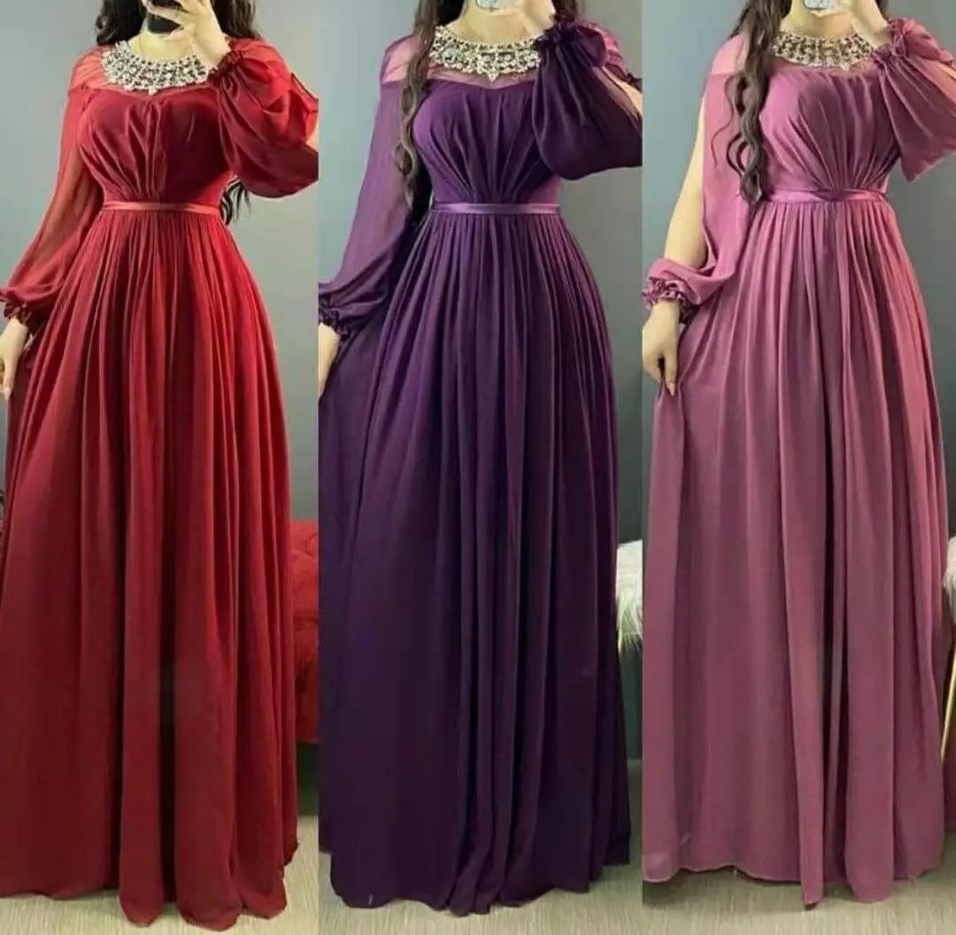 

Long Sleeve Red Chiffon Prom Dresses with Pockets Beaded Dusty Pink Robe De Soiree Formal Pleated Party Dresses for Women