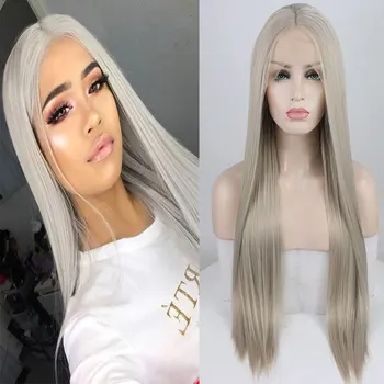 

Bombshell Silky Straight Synthetic 13*3 Inch Lace Front Wig Platinum Grey Heat Resistant Fiber Hair Middle Parting For Party Wig