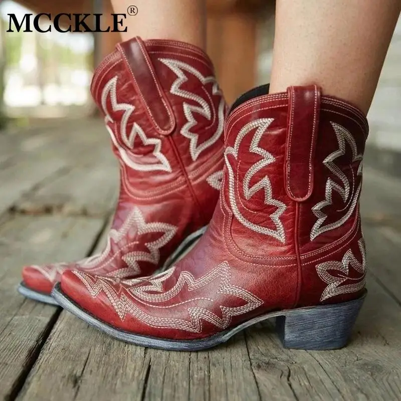 

MCCKLE Woman Autumn Ankle Boots Women Slip On PU Leather Pointed Toe Mid Heel Women's Embroidered Sewing Boots Female Shoes
