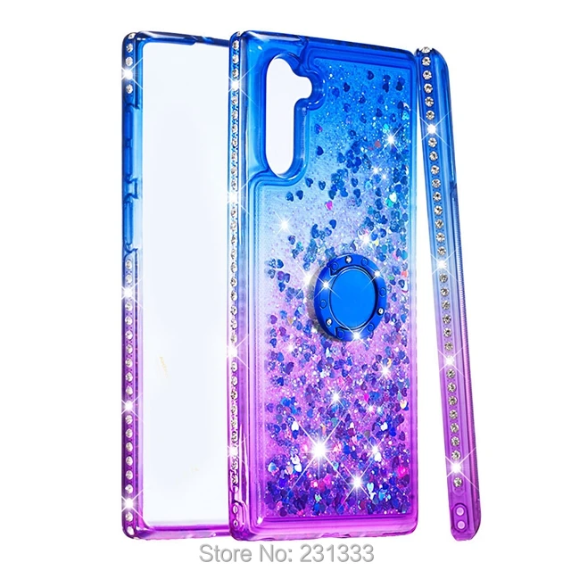 Для samsung Galaxy NOTE 10 PRO жидкий сыпучий песок с блестками чехол для телефона из мягкого термопластика с кристаллами Чехол подставка 360 Вращающийся палец кольцо прозрачный чехол 100 шт