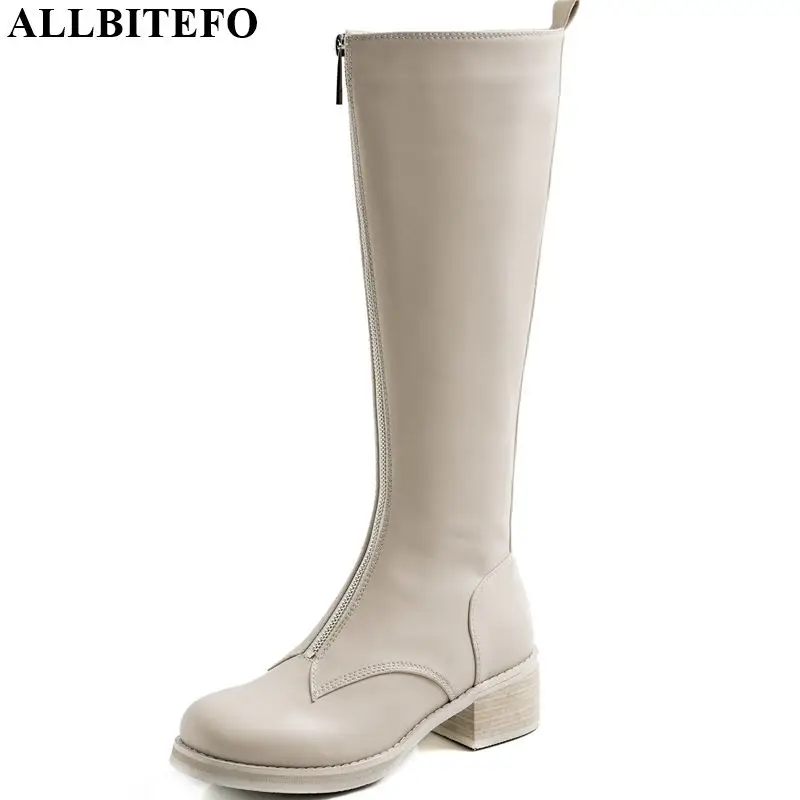 

ALLBITEFO brand genuine leather short plush women boots high heels mid-calf boots for ladies winter new girl shoes long boots