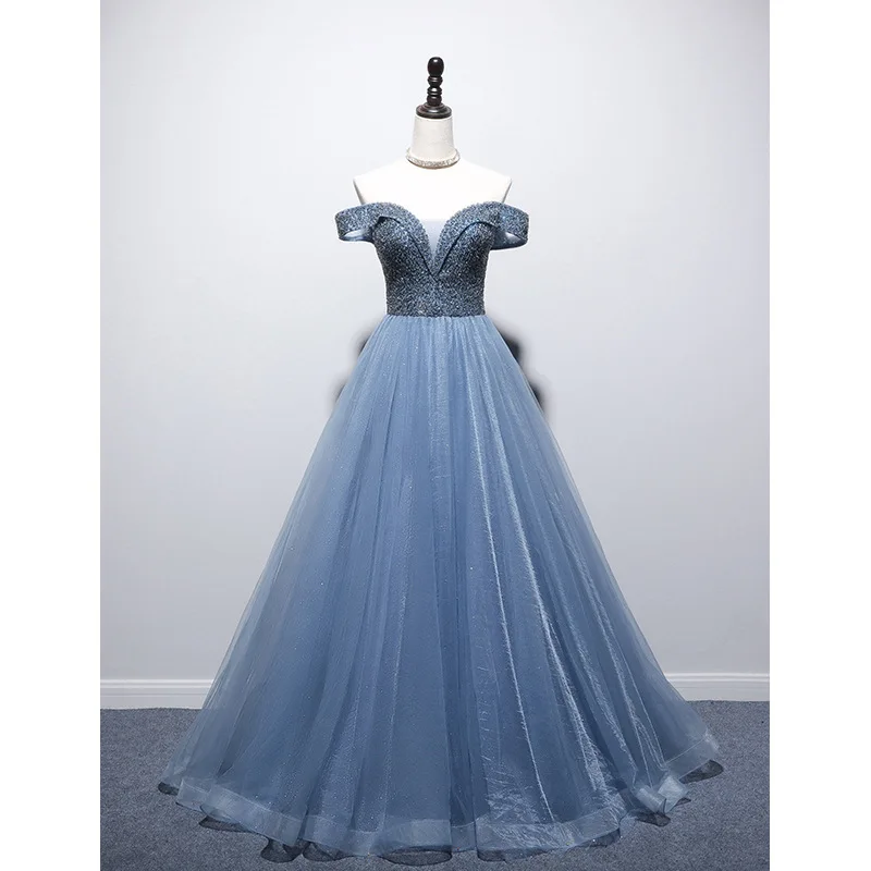 

Stunning A-line Off The Shoulder V Neck Evening Gowns for Women Floor To Length Tulle Beading Ball Gown Prom Dresses Long Party