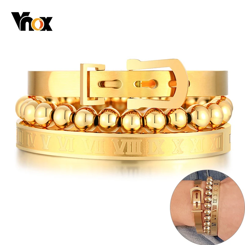 

Vnox Fashion 2/3Pcs Men's Bracelet Sets Gold Color Stainless Steel Beads Crown Charm Rope Chain Wrist Jewelry Gifts for Him