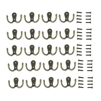 

20 Pieces Double Prong Robe Hook Rustic Hooks Retro Cloth Hanger with 40 Pieces Screws, Bronze Color