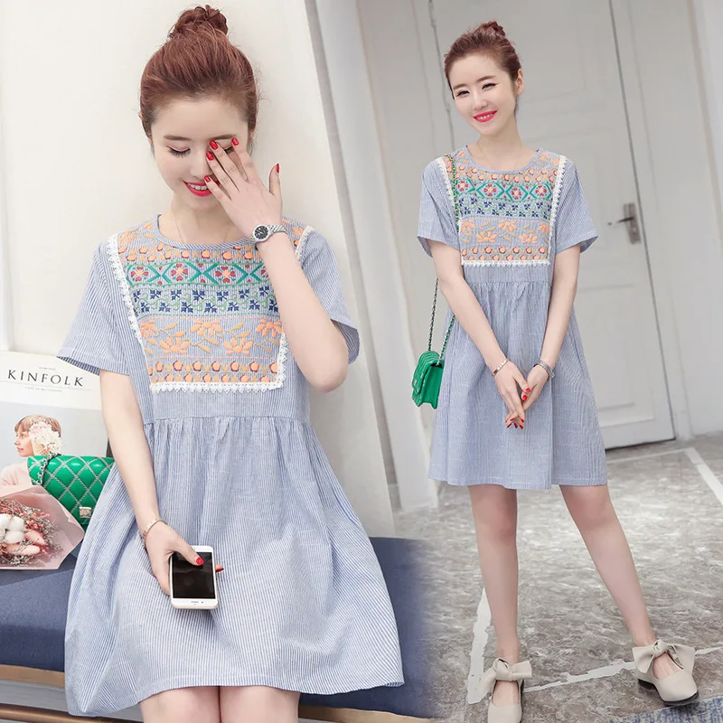 

Maternity Clothes Summer 2019 New Style Korean-style Fashion Cotton Linen Stripes Printed Large Size Pregnant Women Dress