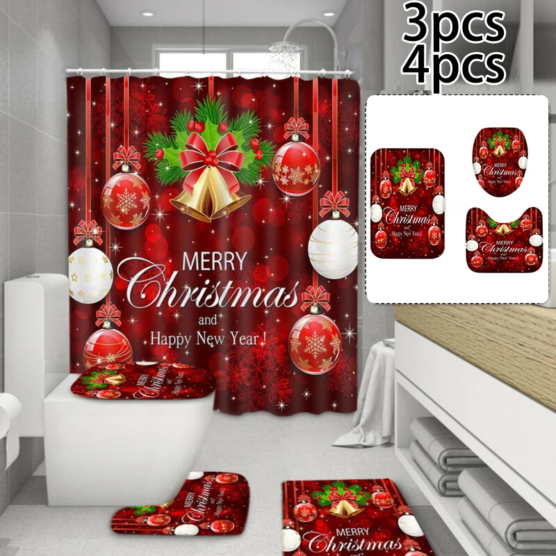 Christmas Shower Curtain Bathroom Anti-slip Carpet Rug Toilet Cover Mat Set