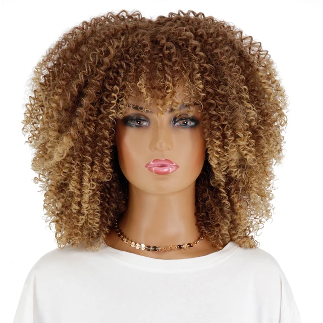 LINGHANG Short Hair Afro Kinky Curly Wigs With Bangs For Black Women African Synthetic Omber Glueless Cosplay Wigs Gradient Hair 4/27HL