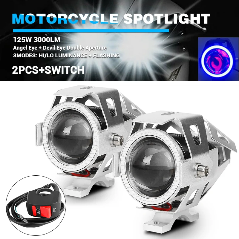 Blue DERI Moto LED Motorcycle Headlight Spotlight U7 Hi/Lo Flash Angel Eye Devil Eye LED Bicycle Lamp Accessories 2x 125W+ Switch - Цвет: Blue