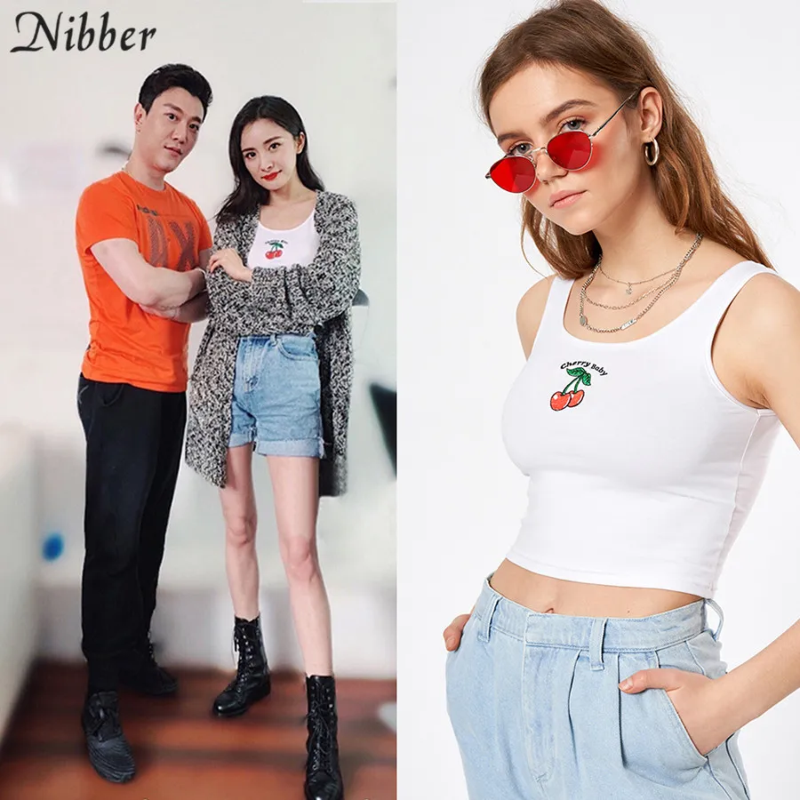 Nibber милый белый Хлопковый топик для женщин вишня вышивка короткий летний топ без рукавов основные эластичные футболки Mujer повседневные топы на бретелях