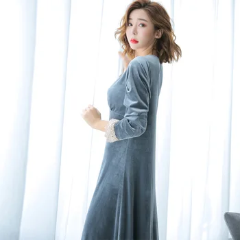 

Gold Velvet nightgown women's warm lace V-neck long sleeve pajamas home clothes