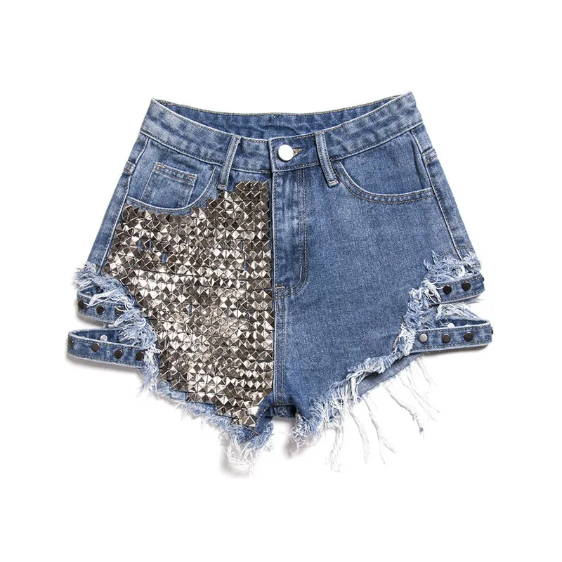 

Шорты женские с заклепками, модные джинсовые с завышенной талией, с широкими штанинами, в стиле панк, свободные в Корейском стиле, с бахромой, черные, на лето