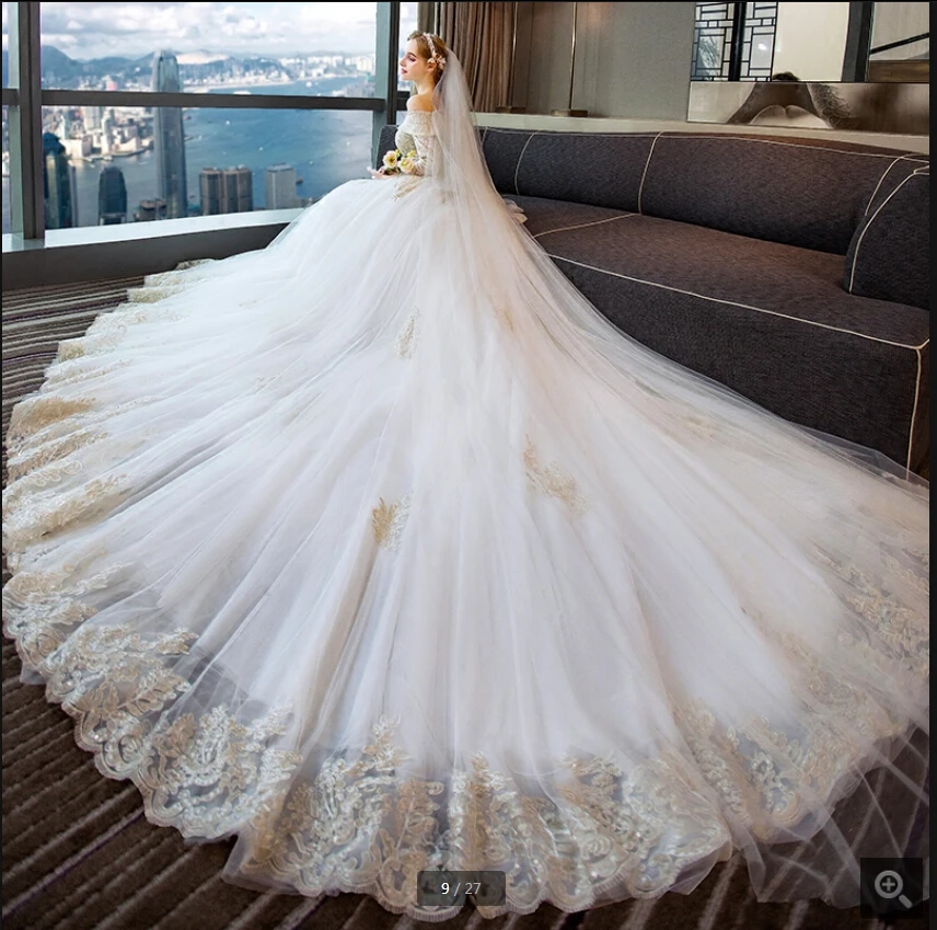 Robe de Mariage Белое Бальное Платье принцессы Свадебное платье с открытыми плечами с длинным рукавом Кружева аппликации Пышное свадебное платье платья
