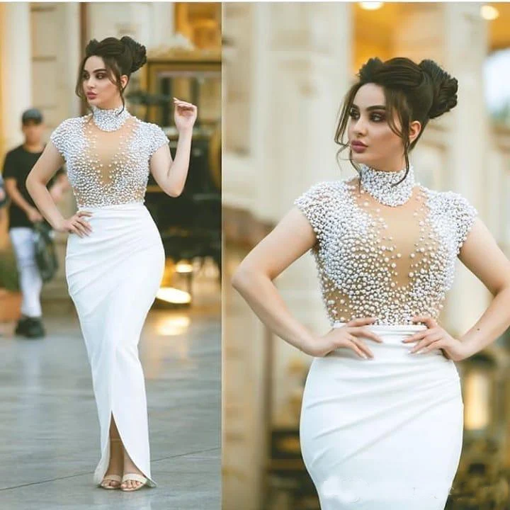 

Dubai Beaded Prom Dress White High Neck Illusion See Through Cap Sleeves Formal Evening Dresses Gala Plus Size Party Gown