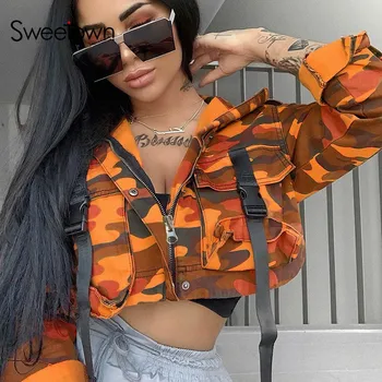 

Sweetown 2019 Autumn Bomber Crop Top Camoflage Print Jacket Women Turn Down Collar Long Sleeve Jackets Coats Streetwear Outfits