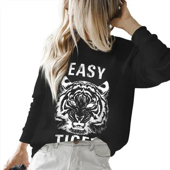 

FADZECO 2019 New Autumn Winter Women's Tee Shirt Tiger Head Print Casual T-shirt Round-neck Long Sleeve Top Women T-shirt