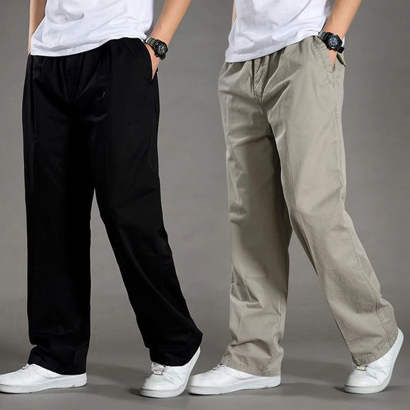 

New Men Solid Color Cotton Straight Casual Pants Spring Summer Thin Loose Trousers Micro-Stretch Drawstring Loose Pants Black