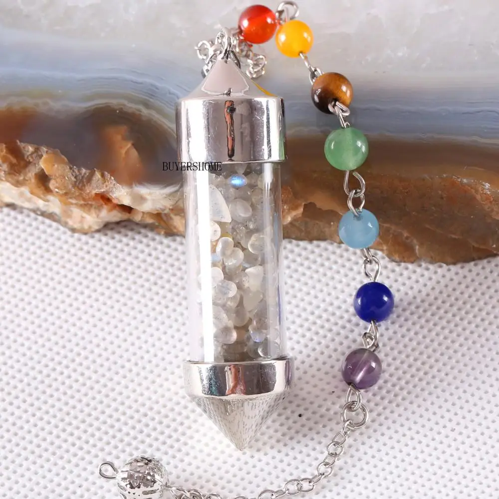 Divination Amulet 7 Chakra Wishing Bottle Pendulum Reiki Natural Stone Chip Gray Labradorite Pendant Necklace for Women Men K614 | Украшения
