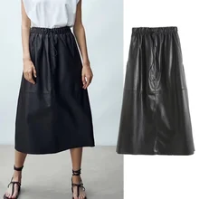 

Dave&Di Winter Faldas Mujer Moda 2021 England Style High Waist Fashion Midi Skirt Women Black Soft Leather Long Skirts Womens