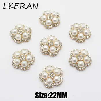 

LKERAN 10Pc 22MM White Pearl Flower Button Gold Flatback Embellishments diamond Button for DIY Jewelry Making Wedding Decoration