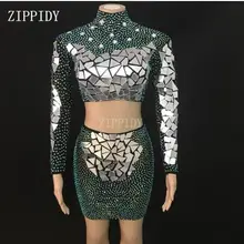 Новинка, блестящие стразы AB, серебристые зеркала, платье, сексуальный танцевальный костюм, наряд, Одежда для танцев, выступлений, сцены, коллекция на день рождения, набор