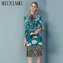 MIUXIMAO, лучшее качество,, офисный женский осенний комплект-двойка, элегантный топ, роскошный цветочный попугай, Леопардовый принт, костюмы для женщин, Vestidos