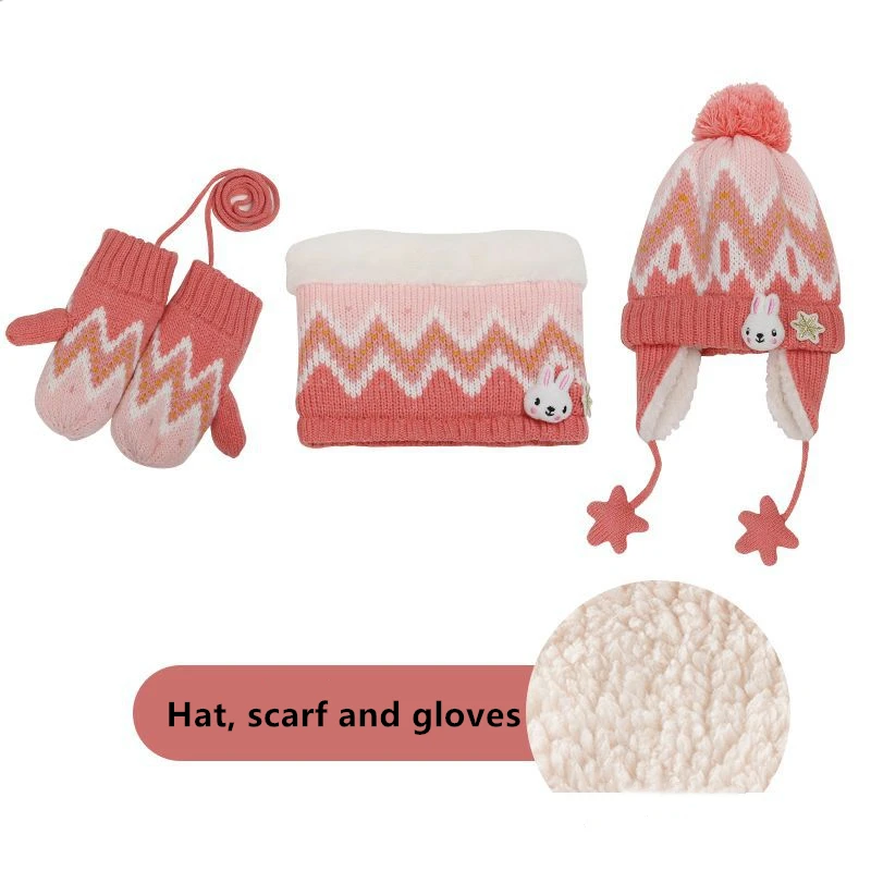 Cute Animals Winter Children Hat Scarf And Gloves 3pcs/lot Baby Girl Boy Hat Winter Double Layer Knit Warm Caps Kids Velvet Hat