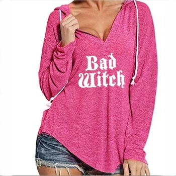 

BAD WITCH Letters Print V-Neck Hoodies Hoodies For Women Kawaii Tops Sweatshirts Hoodies Printing Thick Corduroy Funny Creative