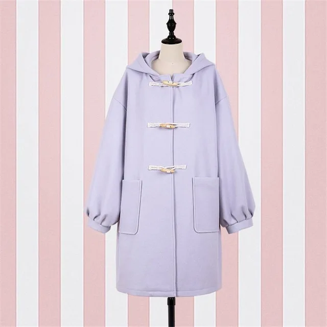 Japenese Style Students Winter Soft Cute Little Devil Lantern Sleeves Horn Buckle Loose Coat Girls Woolen Purple Brown Coat - Цвет: Lavender