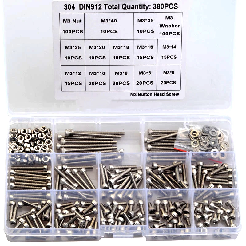 380pcs M3 Hexagon Socket Button Head Screw with Flat Washer Nut Set hexagon Cylinder Head Socket Head Cap Allen Bolt Screw Kit