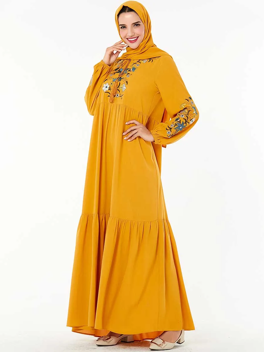 BNSQ мусульманских женщин хиджаб с длинными рукавами платье макси-платье Абая jalabiya Исламская одежда для женщин халат кафтан Модная Джинсовая куртка с вышивкой
