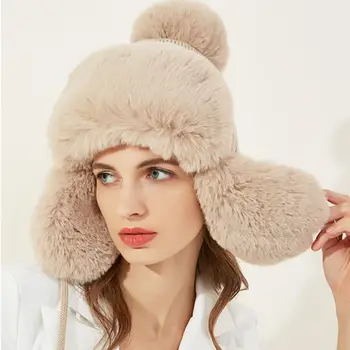 

Womens Winter Warm Ribbed Knitted Earflap Bomber Hat with Pompom Ball Solid Color Thicken Faux Fleece Lined Trapper Cap