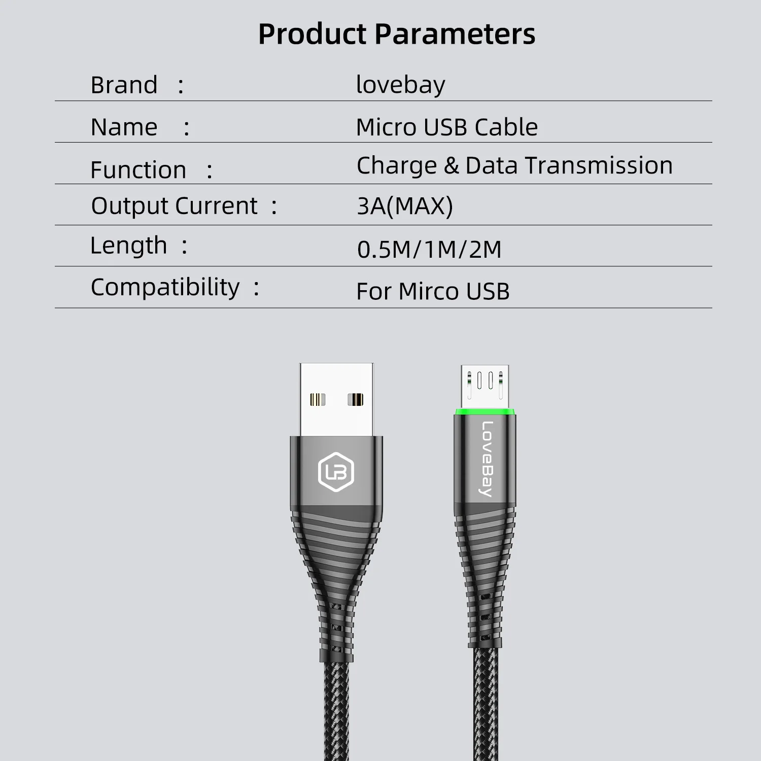 Lovebay USB кабель Быстрая зарядка и передача данных 3A Max для micro usb для android мобильного телефона Встроенный зеленый ЖК-светильник