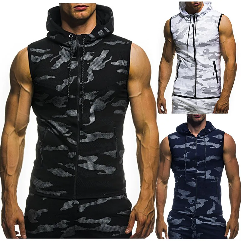 

2018 New Style Camouflage Digital Printing Men's Zipper Casual Slim Fit Sleeveless Hoodie