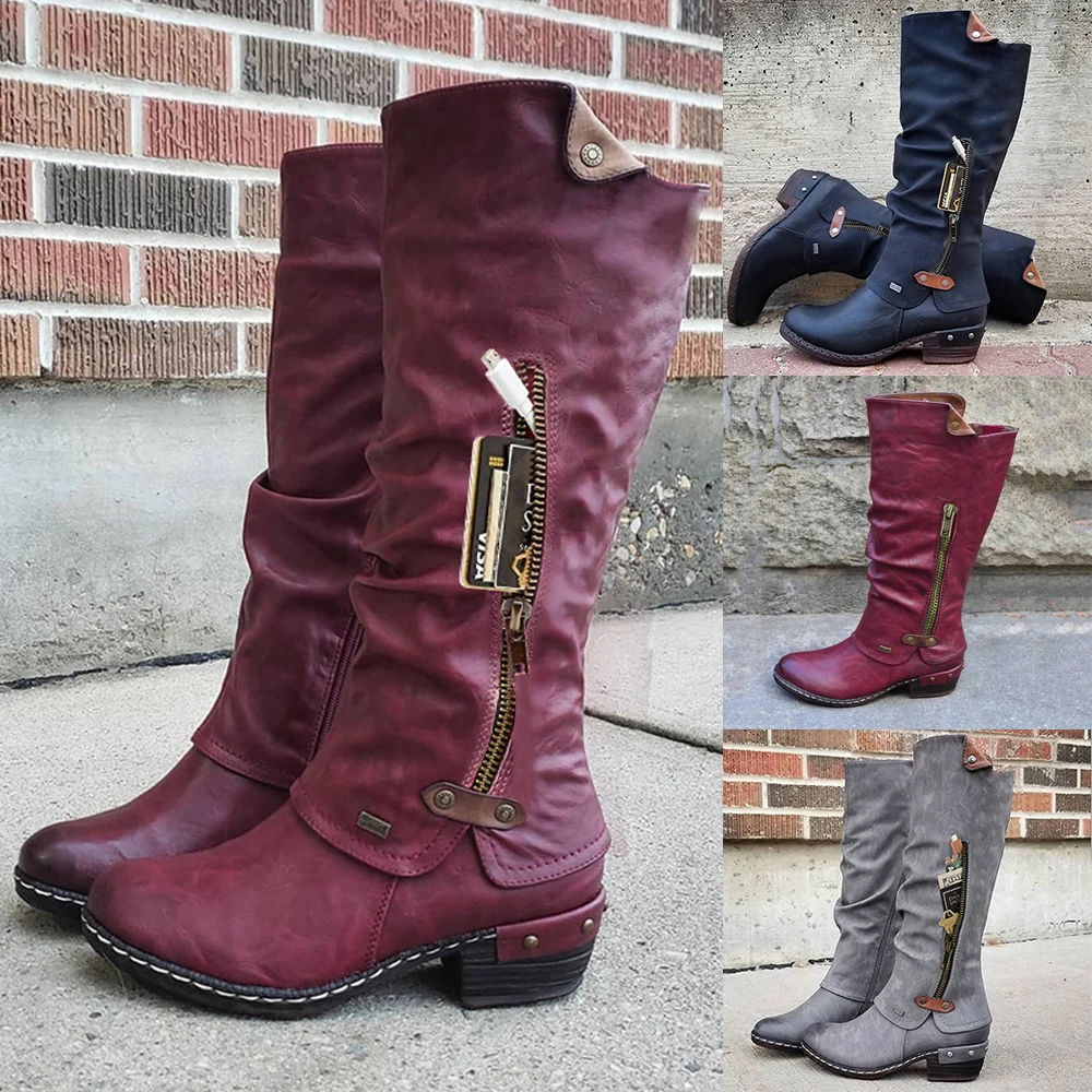 

Women Warm Spring Boots Shoes Zipper Up Pointed Toe Booties PU Leather Shoes Low Heel Round Toe Solid Color Lady Mid Calf Boots