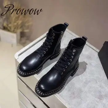 

Prowow New Black Genune Leather Runway Design Genuine Leather Metal Studded Ankle Boots Lace Up Thick Heel Punk Boots Shoes Wome