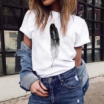 

Vogue Leaf Print Tshirt Short-Sleeved O-Neck Summer Top Short Sleeve Funny t shirts Women Ulzzang Harajuku Tees