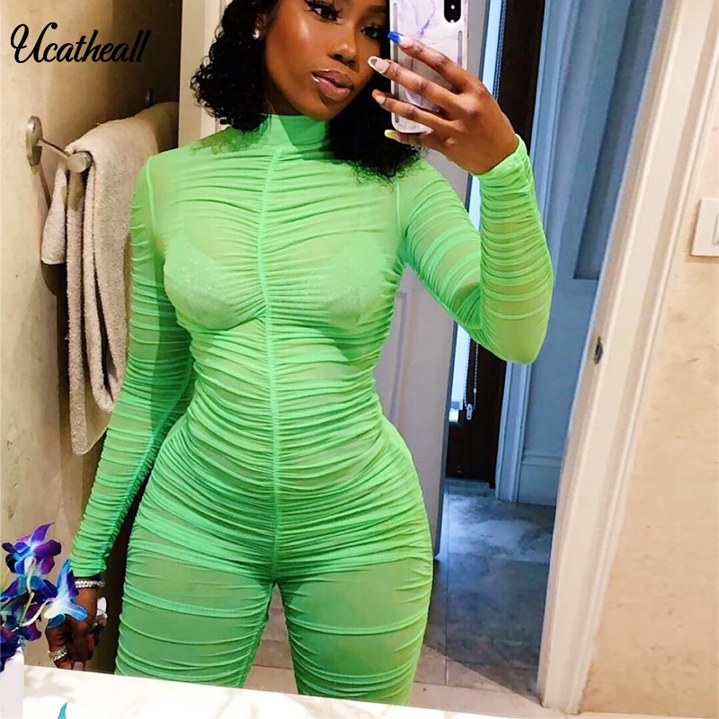 Women Sheer Mesh Bodysuit Ruched  Body Tops Transparent Long Sleeve Back ZipperJumpsuit Romper Ladies Playsuit Club Overalls solid ruched bodycon jumpsuits for women zipper up long sleeve sexy sheer mesh rompers midnight clubwear party sheath outfits