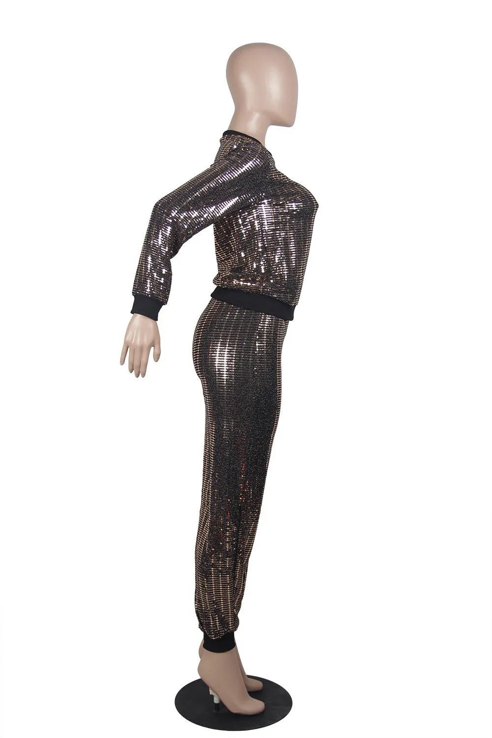 Комплект из двух предметов, сексуальный комплект с блестками, женские блестящие Топы с длинным рукавом, длинные штаны, комплект