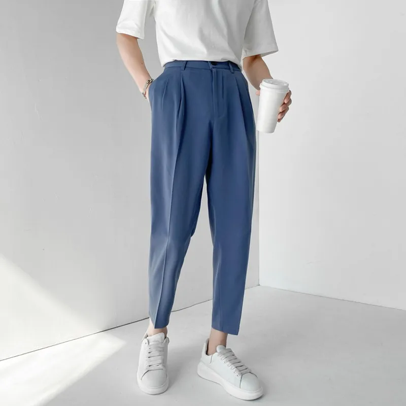 Men dress pants: summer fashion men's pants elastic waist ankle length casual suit pant Korean style regular fit solid luxury trousers beige blue