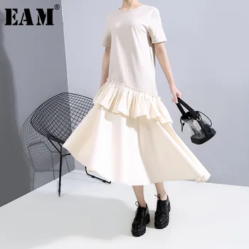 

[EAM] Women Pleated Ruffles Asymmetrical Dress New Round Neck Short Sleeve Loose Fit Fashion Tide Spring Summer 2020 1T852