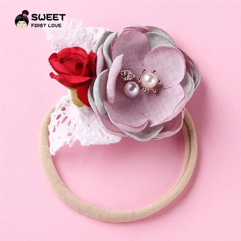 Vintage Flower Headband Elastic Baby Hairbands Princess Kids Pearl Headbands Rhinestone Cute Hair Acceroies For Women And Girls | Детская